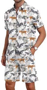 Chemise à manches courtes à col boutonné avec imprimé léopard tropical et palmiers blancs pour homme, ensemble 2 pièces assorti avec short, style décontracté hawaïen - Product Image 2