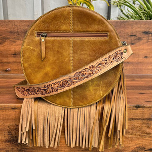 Popular Luxury Women's Boot Stitch Hand-Tooled Suede Leather Round Shoulder Bags Cowhide Circle Fringe Crossbody Trendy Handbags - Product Image 5