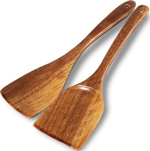 Juego de utensilios de cocina de madera de acacia natural para sartenes antiadherentes, espátula para voltear y wok, cucharas de madera y espátula para servir. - Product Image 1