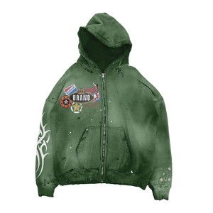 Chaqueta de hombre vintage con cremallera, efecto desgastado y decolorado, con bordados personalizados, logotipos y mangas estampadas, de la marca estadounidense. - Product Image 4