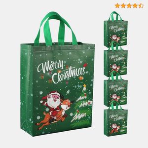 Borsa regalo in tessuto non tessuto con design Babbo Natale e renne, riutilizzabile, con manici lunghi, verde, ecologica. - Product Image 1