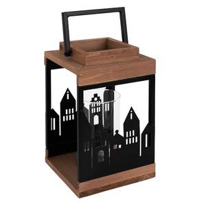 Wooden Top Metal Lantern With City Silhouette Design For Home Decoration - Product Image 1