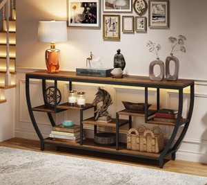 Mesa Consola Moderna de Madera con Estructura Metálica y Estantes de Almacenamiento, Diseño Industrial, Mueble para Sala de Estar, Decoración para Entrada - Product Image 4