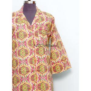 Handmade Non Woven 100% Cotton Block Printed Floral <b>Bell</b> Sleeve Midi Dress Button Closure Breathable Eco-Friendly for Evening - Product Image 2