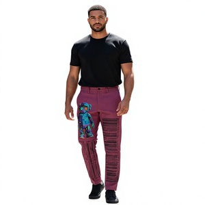 Pantalones de Hombre Color Granate, Corte Recto, con Estampado de Robot y Código de Barras, Estilo Urbano, Tejido de Crochet con Impresión Digital, Antiestáticos - Product Image 6