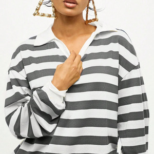 Polo à manches longues rayé respirant pour femme avec logo personnalisé, coupe décontractée, motif gris et blanc, style rugby - Product Image 5