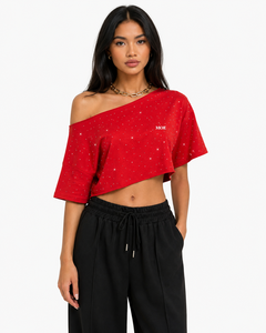 Camiseta de mujer extragrande con pedrería personalizable, top corto con hombros descubiertos, camiseta de algodón asimétrica para mujer - Product Image 4