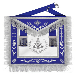 Tablier de maître de loge bleu - Broderie argentée avec ruban bleu, couronne et franges, broderie personnalisée et présentation de qualité supérieure. - Product Image 1