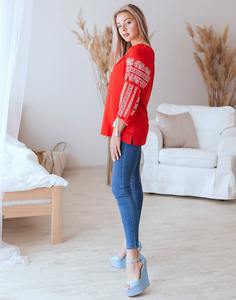 Blusa Casual de Manga Corta con Cuello en V y Bordado Rojo para Mujer, Corte Regular, 100% Popelina de Algodón para Primavera/Verano - Product Image 3