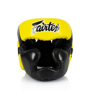อุปกรณ์ป้องกันศีรษะสำหรับฝึกซ้อมคิกบ็อกซิ่ง Fair tex รุ่นล่าสุด สีเหลืองหลากสี หนังวัวแท้ แบบเปิดหน้า สำหรับมวยไทย - Product Image 1