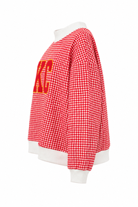 Women's Red Gingham Check Sweatshirt Crew Neck Embroidered KC Letter Casual Autumn Pullover Long Sleeve Knitted Cotton <b>Top</b> - Product Image 5