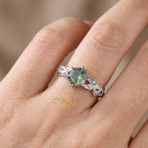Anillo de compromiso floral de ágata musgosa hexagonal de oro de 10K, anillo de boda con hoja botánica - Product Image 5