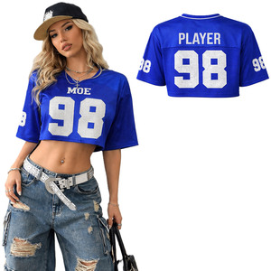 Trendy <b>Hip</b> Hop Lightweight Blue Cropped Mesh Boxy Women American Football Jersey Custom Number Print Sporty Drop Shoulder Tops - Product Image 1