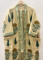 Robe kimono longue de luxe unisexe en coton indien fait main, imprimée au bloc, col en V, respirante, écologique, motifs floraux et feuilles, avec ceinture