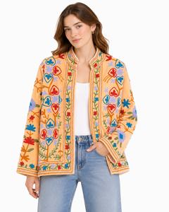 Women Velvet Embroidered <b>Jacket</b> <b>Mandarin</b> <b>Collar</b> Lantern Sleeve Floral Boho Style Autumn Coat Handmade Suzani Pattern - Product Image 1