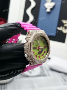 Women's Luxury Analog Digital <b>Watch</b> Green Dial Pink Rubber Band Moissanite Round <b>Case</b> Hip Hop <b>Watch</b> - Product Image 2