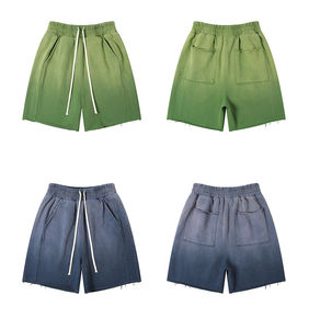 Shorts de sport pour hommes en coton uni respirant avec cordon de serrage, délavage acide et bords bruts, style vintage, vente en gros - Product Image 3