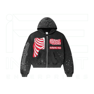 Conjunto de 2 piezas de sudadera con capucha y cremallera para hombre, diseño de canalé negro y rojo, con pedrería, estilo urbano, manga larga, a la moda - Product Image 1