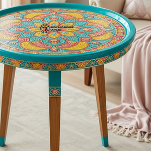 Traditional Hand-Painted Meena Wooden <b>Stool</b> Decorative Round Coffee <b>Table</b> <b>with</b> Mandala Art Ethnic Indian Style Tripod Side <b>Table</b> - Product Image 4