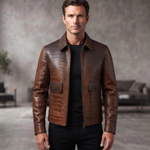 <b>Mens</b> Cognac <b>Brown</b> Crocodile Embossed <b>Leather</b> Biker <b>Jacket</b> Classic Collar Motorcycle Coat - Product Image 1