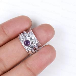 Wholesale Vintage Silver Anxiety Ring Round Purple Amethyst <b>Fidget</b> Boho Textured Wide Band Worry Ring Jewelry Supplier Gift - Product Image 3