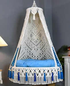 Macrame Swing,Large <b>Hammock</b> Chair with Blue Decorations,Hanging Chair - Product Image 1