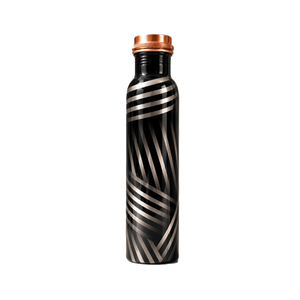 Bouteille d'eau isotherme en cuivre, corps noir avec rayures argentées, isolée pour la randonnée en extérieur - Product Image 1