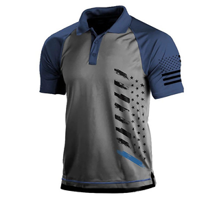 Polo à manches courtes en tricot gris pour homme, à blocs de couleur, à séchage rapide, avec imprimé drapeau américain, style sportif - Product Image 3