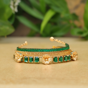 24K Gold Plated <b>Copper</b> & Brass <b>Bangles</b> Combo-Emerald Cut & Flower Design Trendy Classic Bracelets - Product Image 3