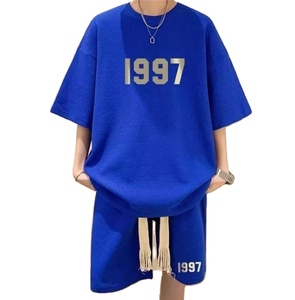 Ensemble de deux t-shirts d'été pour hommes, ensemble de shorts de sport décontractés, respirants, 100% coton, fermeture à cordon de serrage, manches courtes - Product Image 1