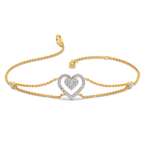 Bracelet double cœur en diamant avec chaîne double en or jaune et design central en forme de cœur superposé - Product Image 1