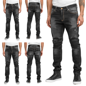 Pantalon en jean premium pour homme, effet vieilli, avec empiècements renforcés, en tissu de coton épais et coupe moderne. - Product Image 1