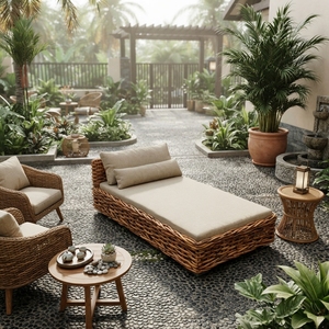 Chaise longue de jardin en rotin avec structure en bois d'acajou, tissage en rotin et tissu Daphnie, lit de soleil pour piscine, design artistique - Product Image 3