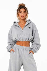 New Elastic Hem Oversized Hooded <b>Cropped</b> <b>Zip</b>-<b>Up</b> Sweatshirt Custom Tracksuit Matching Wide-Leg Sweatpants Set <b>Cropped</b> Winter Wear - Product Image 4