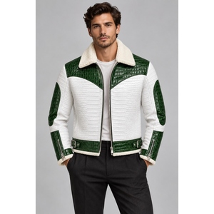 Veste de moto en fausse fourrure d'hiver pour homme, vert et blanc, en cuir croco - Product Image 5
