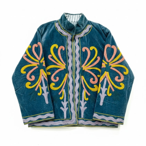 Blouson bomber en velours bleu turquoise brodé à la main pour femme, vêtement de mode hivernal - Product Image 1