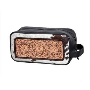 Western <b>Tooled</b> Leather Dopp <b>Kit</b> With Cowhide Panel And Floral Design Zip Closure Travel <b>Bag</b> - Product Image 1