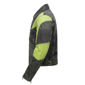 Veste en jean noire délavée pour homme Dravelle, style motard, respirante, avec panneau vert néon personnalisé, fermeture éclair asymétrique, streetwear cyberpunk - Product Image 4