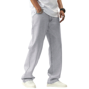 Mens <b>Light</b> Grey Straight Leg Denim Jeans Loose Fit Washed Cotton Casual Fashion <b>Trousers</b> Comfortable Vintage Style Pants - Product Image 1