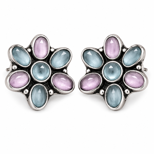 Vintage Oxidized <b>Silver</b> Multi Color Floral <b>Stud</b> Earrings | Brass Trendy Boho Ethnic Women's Jewelry Wholesale Supplier India - Product Image 1