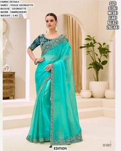 Ziya Women's Winter Traditional Embroidered Festive Saree-<b>Tissue</b> Georgette Moisture Wicking Wrinkle Free <b>Wedding</b> Party Occasions - Product Image 2