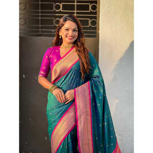 ผ้าไหมพายทานีสีเขียวเนื้อนุ่ม ทอแบบซารี  ชุดอินเดียและปากีสถาน - Product Image 5