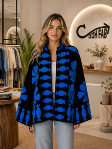 Veste Sujani en velours noir pour femme, broderie de poisson bleue, faite à la main, style bohème, manteau ethnique de créateur, vêtements d'extérieur de boutique, vente en gros Inde - Product Image 2