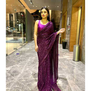 Vestido de Noche de Diseñador, Sari de Fiesta con Trabajo de Lentejuelas - Product Image 3