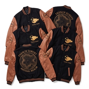 Chaqueta universitaria al por mayor, cuerpo de lana negra, mangas de cuero marrón óxido, Trench Survey Abyssal Realm Hadal Zone Anglerfish Letterman - Product Image 1