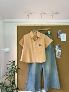L843 เสื้อเชิ้ตผู้หญิงแขนยาวลายทางปักลายกระเป๋าติดกระดุมความยาวปานกลางเสื้อลำลองฤดูร้อนผ้าฝ้ายผสมสีลูกกวาด - Product Image 6