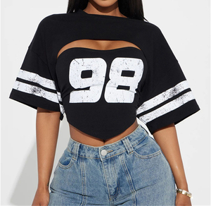 Camiseta Corta Negra para Mujer con Estampado 98, Diseño Calado, Manga Corta, Cuello Redondo, Estilo Y2K - Product Image 1