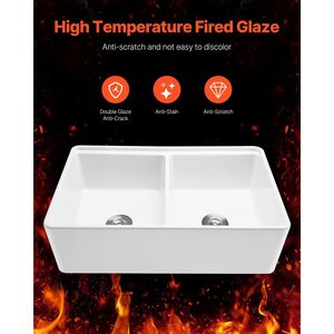 Lavello da cucina a doppia vasca in argilla refrattaria bianca 33x20 pollici, con frontale a grembiule, stile Farmhouse, installazione sottopiano, multiuso - Product Image 2