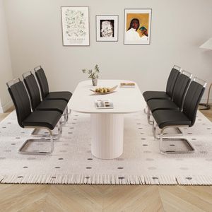 Set Tavolo da Pranzo in Stile Moderno Medievale in MDF Crema con Sedie Senza Braccioli in PU, Gambe in Metallo Placcato Argento da 63 Pollici, Piano d'Appoggio Assemblabile - Product Image 2