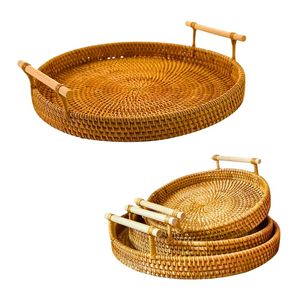 Handwoven RATTAN <b>TRAY</b> FRUIT STORAGE BASKET with Handles Gift, Natural Woven Home Accessory - Product Image 1